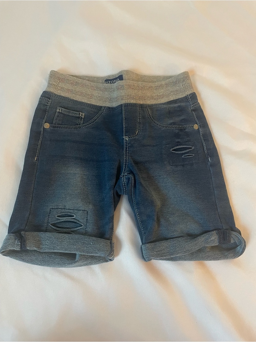 Arizona Girls’ Knit Waist Soft Distressed Denim Pull-on Bermuda Shorts, Size 6